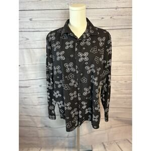 Barabas Black Button Down Shirt Large Floral Embroidery White Burgundy